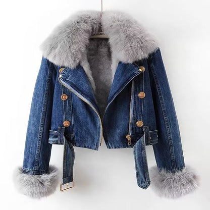 CELESTE | DENIM MOTO JACKET WITH FAUX FUR