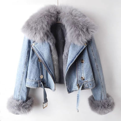 CELESTE | DENIM MOTO JACKET WITH FAUX FUR