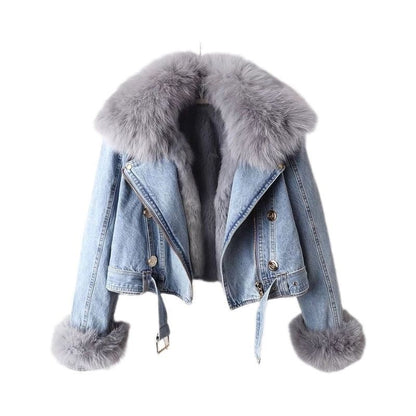 CELESTE | DENIM MOTO JACKET WITH FAUX FUR