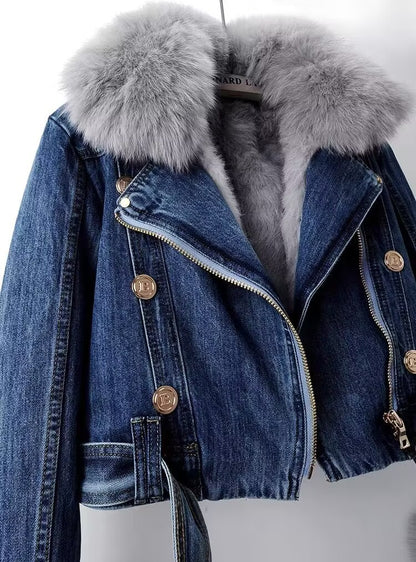 CELESTE | DENIM MOTO JACKET WITH FAUX FUR